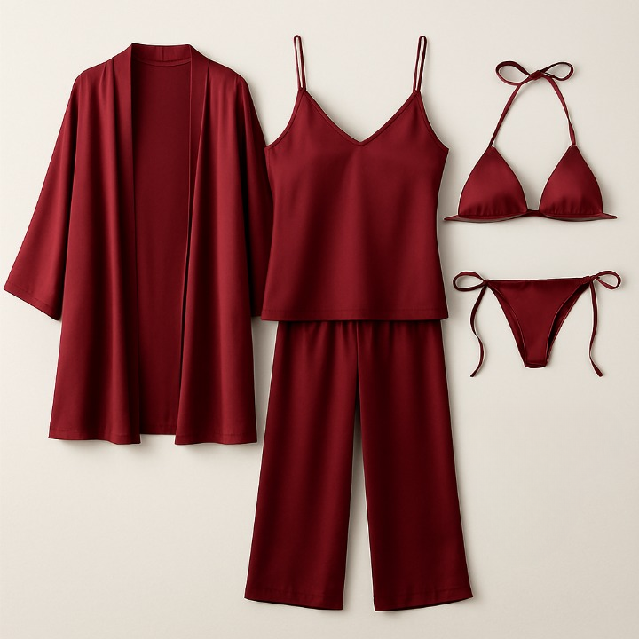 5-Piece Satin Sleepwear Set – Robe, Camisole, Pants & Bikini Nightwear