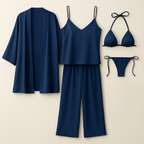 5-Piece Satin Sleepwear Set – Robe, Camisole, Pants & Bikini Nightwear