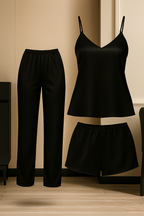3-Piece Satin Sleepwear Set For Women | Camisole With Pajama & Shorts Combo |
