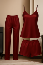 3-Piece Satin Sleepwear Set For Women | Camisole With Pajama & Shorts Combo |