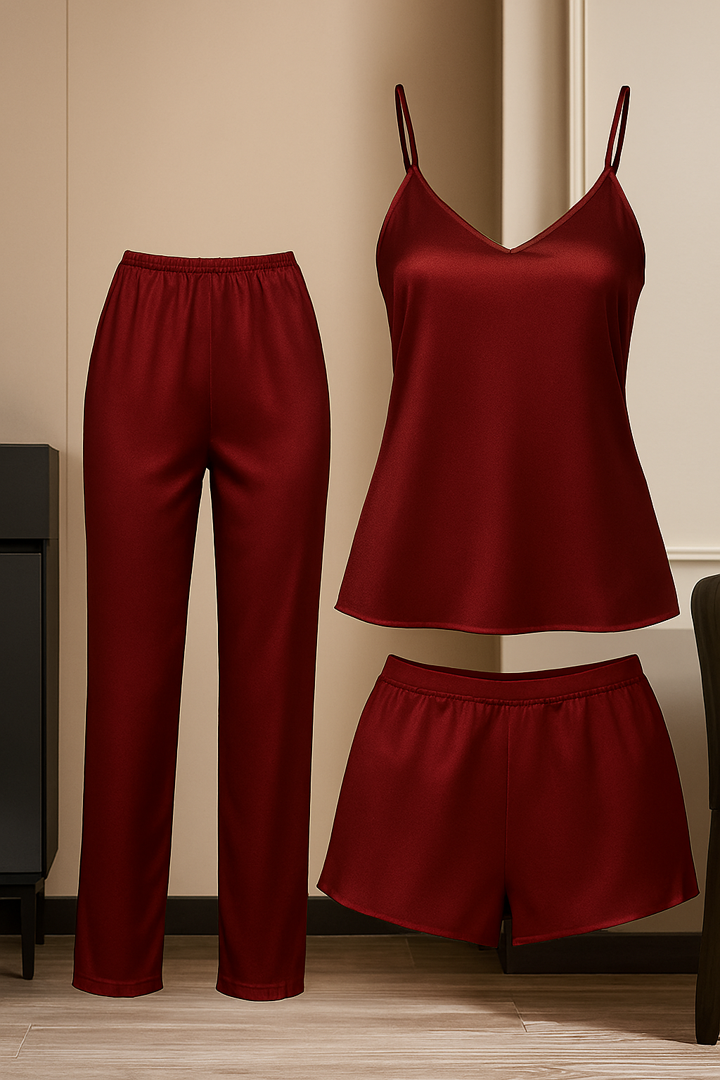 3-Piece Satin Sleepwear Set For Women | Camisole With Pajama & Shorts Combo |