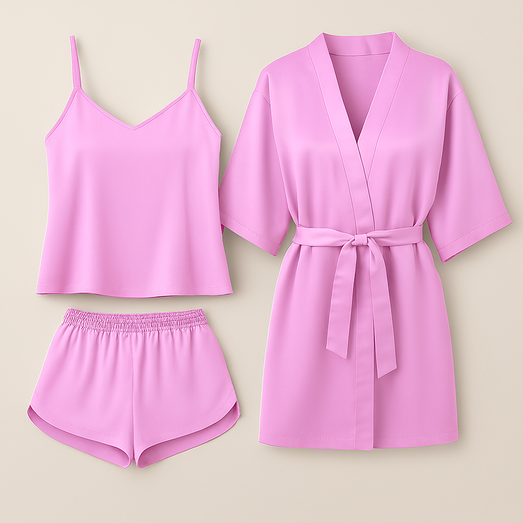 3-Piece Satin Sleepwear Set for Women – Camisole, Shorts & Robe |