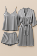 3-Piece Satin Sleepwear Set for Women – Camisole, Shorts & Robe |