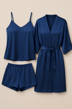 3-Piece Satin Sleepwear Set for Women – Camisole, Shorts & Robe |