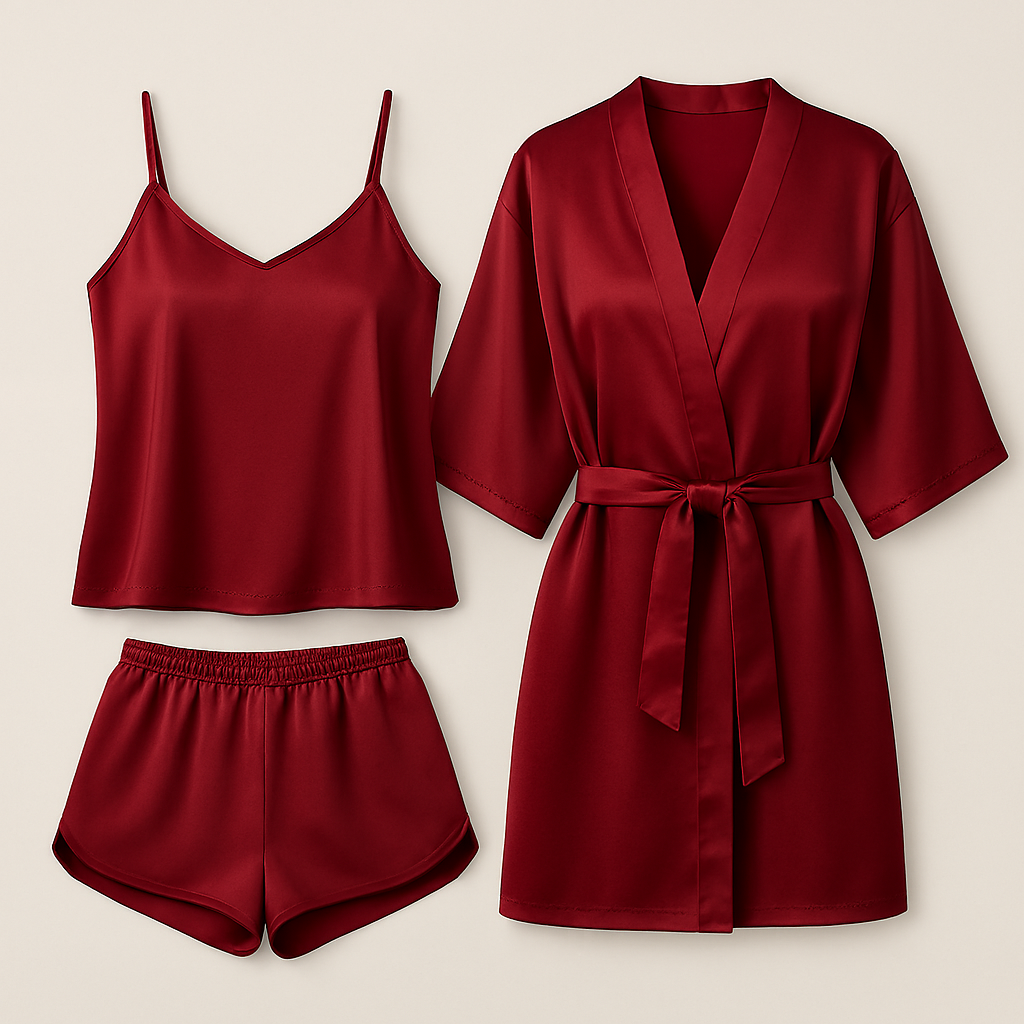 3-Piece Satin Sleepwear Set for Women – Camisole, Shorts & Robe |