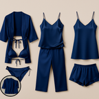 5-Piece Satin Sleepwear Set – Robe, Camisole, Pants & Bikini Nightwear