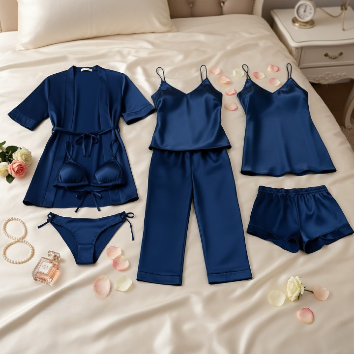 5-Piece Satin Sleepwear Set – Robe, Camisole, Pants & Bikini Nightwear