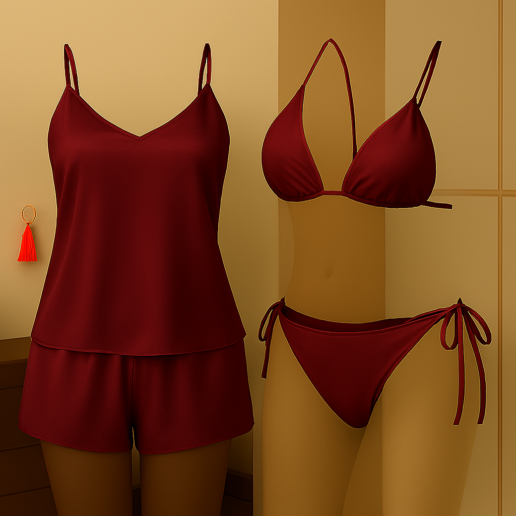 Premium Satin Sleepwear & Lingerie Combo For Women | Camisole, Shorts & Halter Bikini |