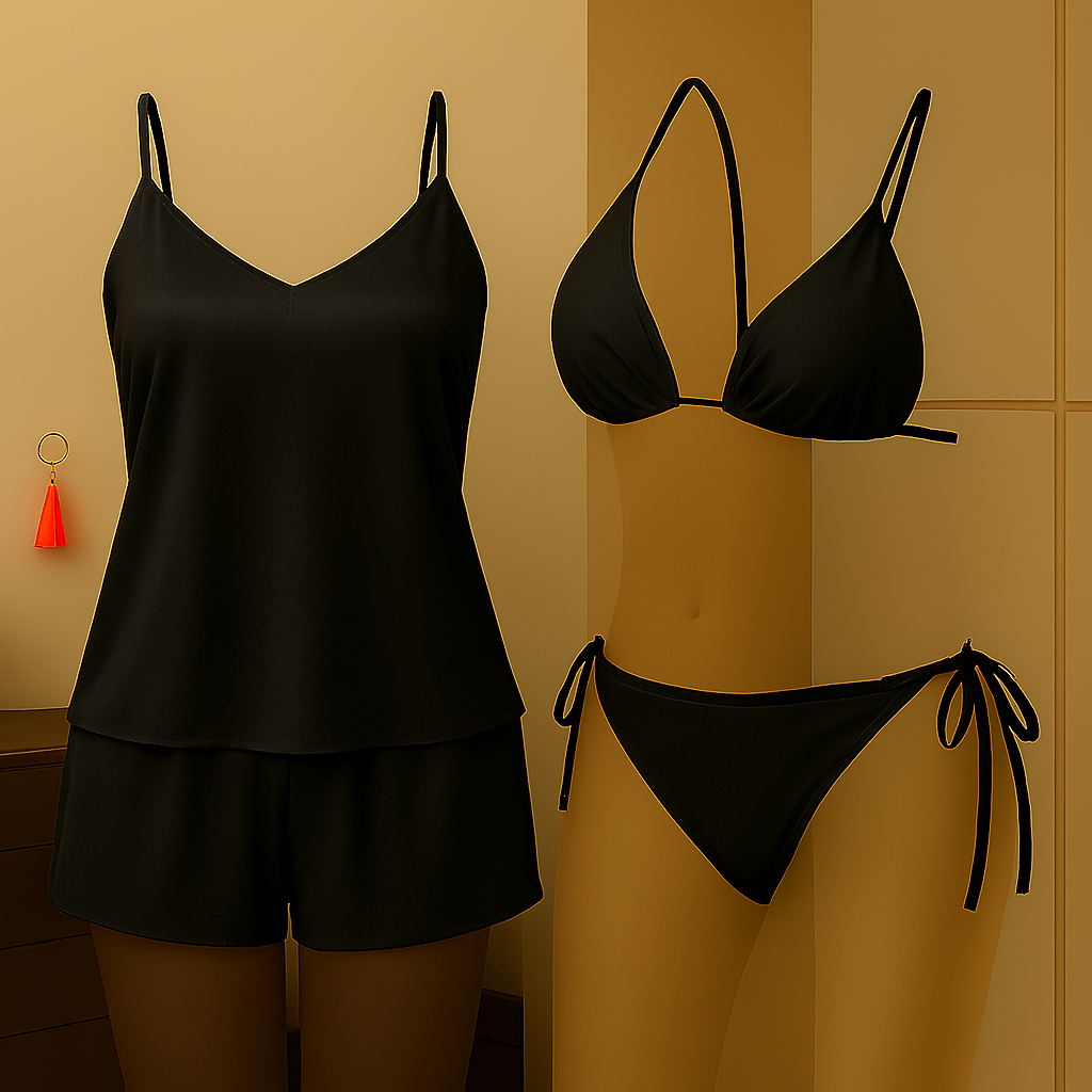 Premium Satin Sleepwear & Lingerie Combo For Women | Camisole, Shorts & Halter Bikini |