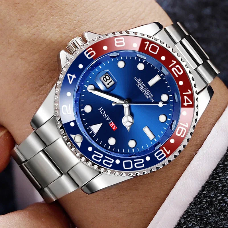 Stainless Steel Business Watch 40mm – Red & Blue Circle Dial- Men’s Diver