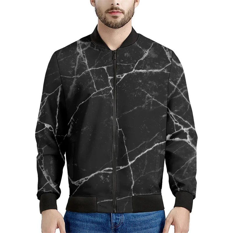 Black Marble Cracks 3D Printed Bomber Jacket – Long Sleeve Mens Casual Coat
