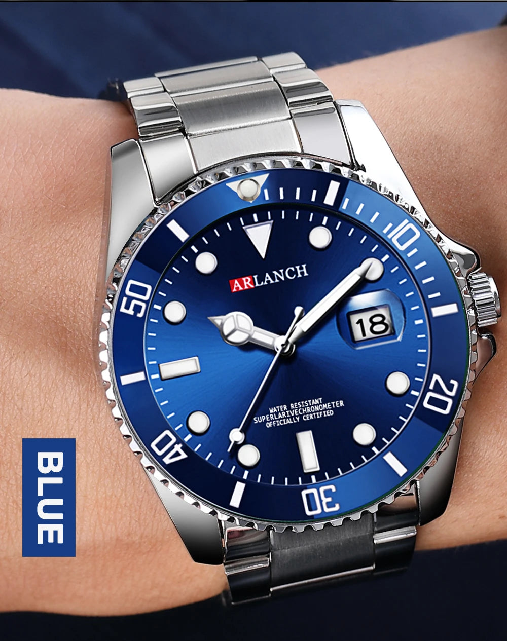 Stainless Steel Business Watch 40mm – Red & Blue Circle Dial- Men’s Diver