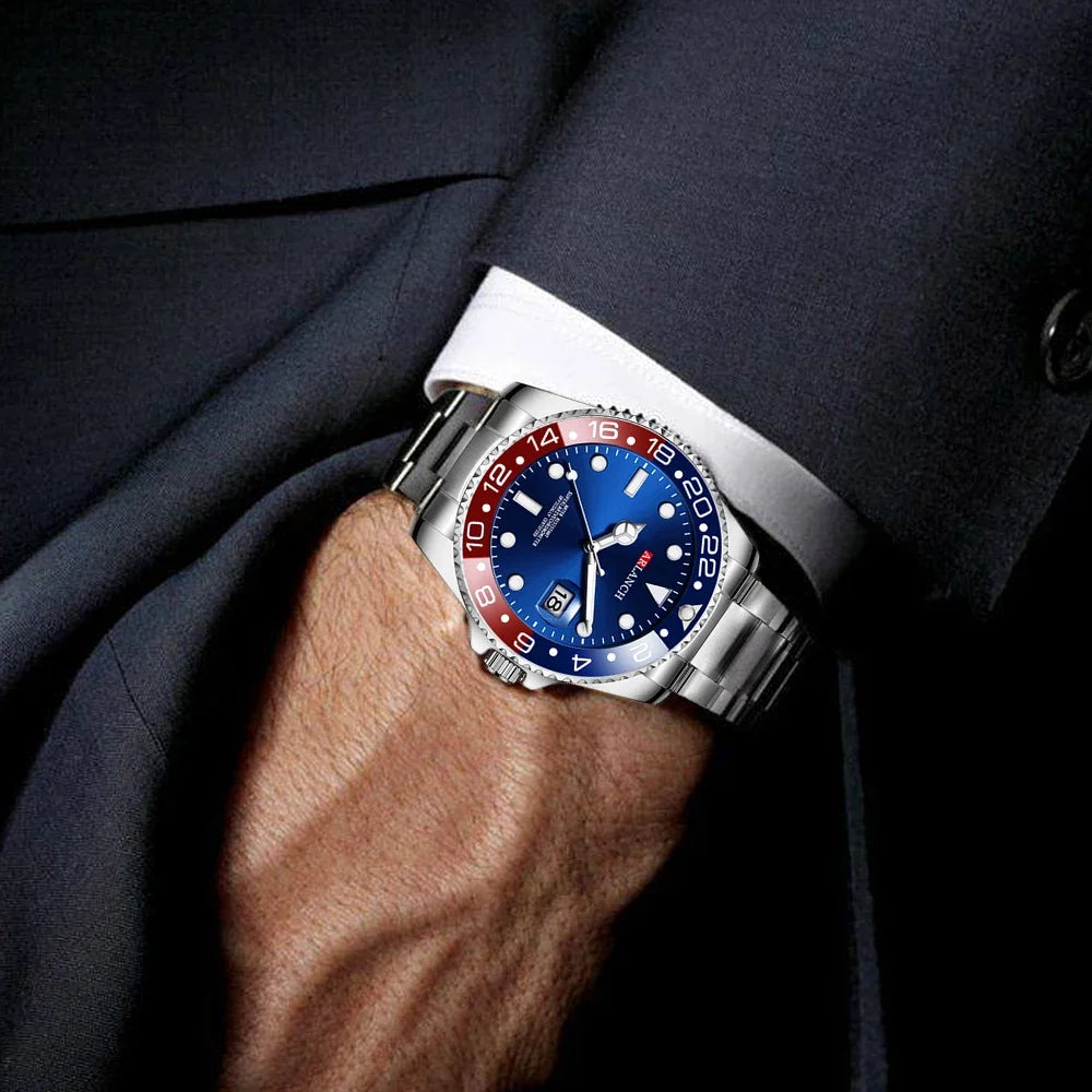 Stainless Steel Business Watch 40mm – Red & Blue Circle Dial- Men’s Diver