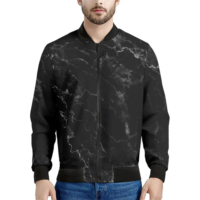 Black Marble Cracks 3D Printed Bomber Jacket – Long Sleeve Mens Casual Coat