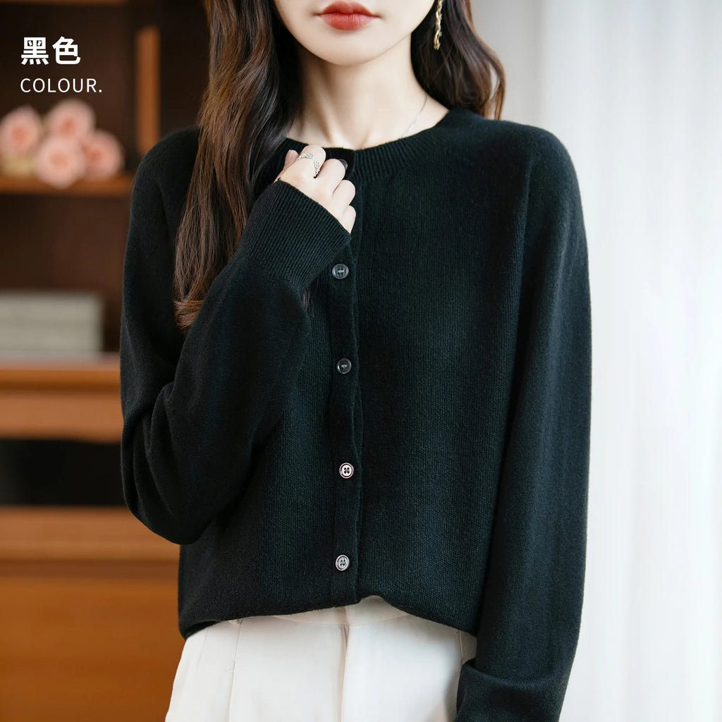 Classic Merino Wool Women’s Sweater — Autumn Winter Knitted Cardigan for Elegant Ladies
