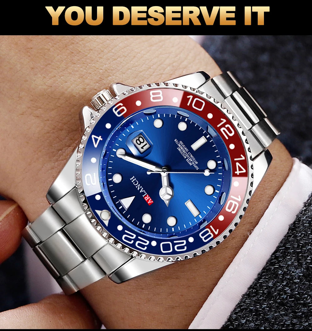Stainless Steel Business Watch 40mm – Red & Blue Circle Dial- Men’s Diver