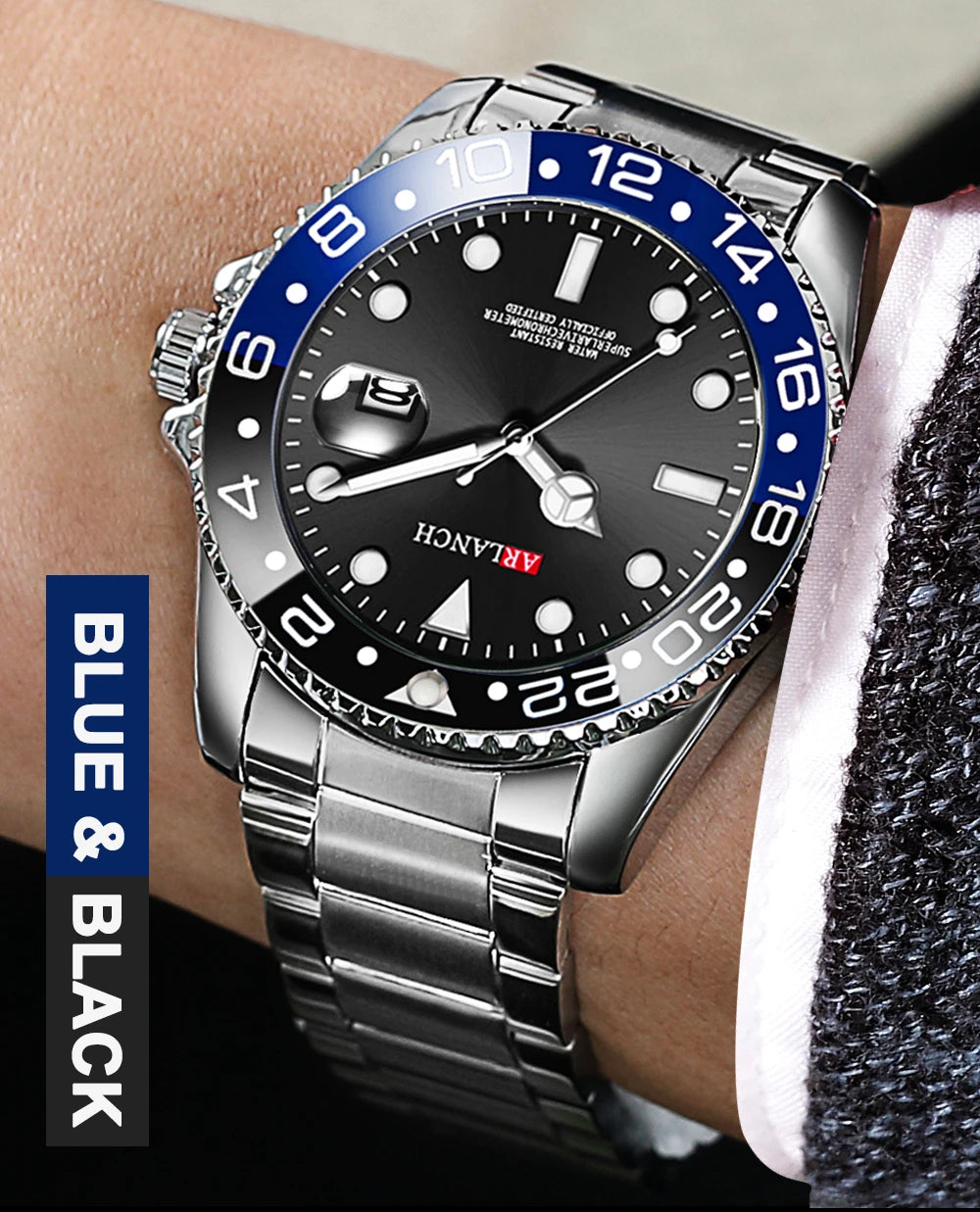 Stainless Steel Business Watch 40mm – Red & Blue Circle Dial- Men’s Diver