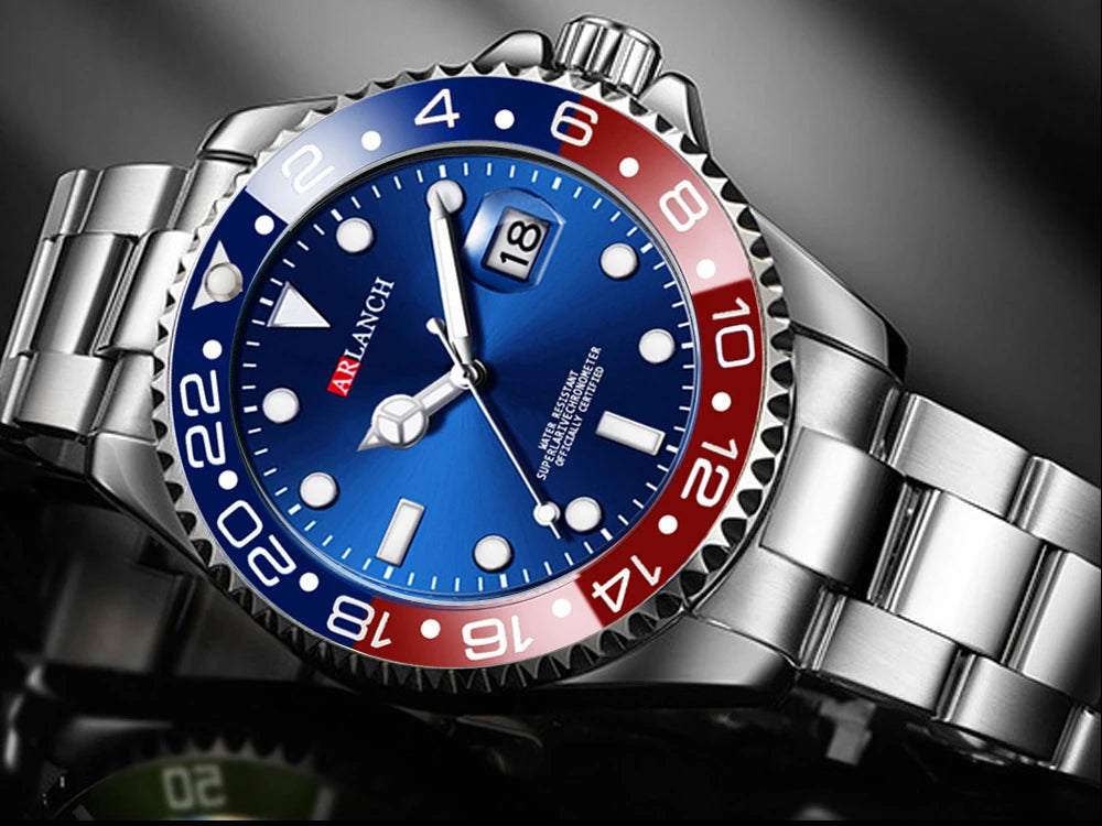 Stainless Steel Business Watch 40mm – Red & Blue Circle Dial- Men’s Diver
