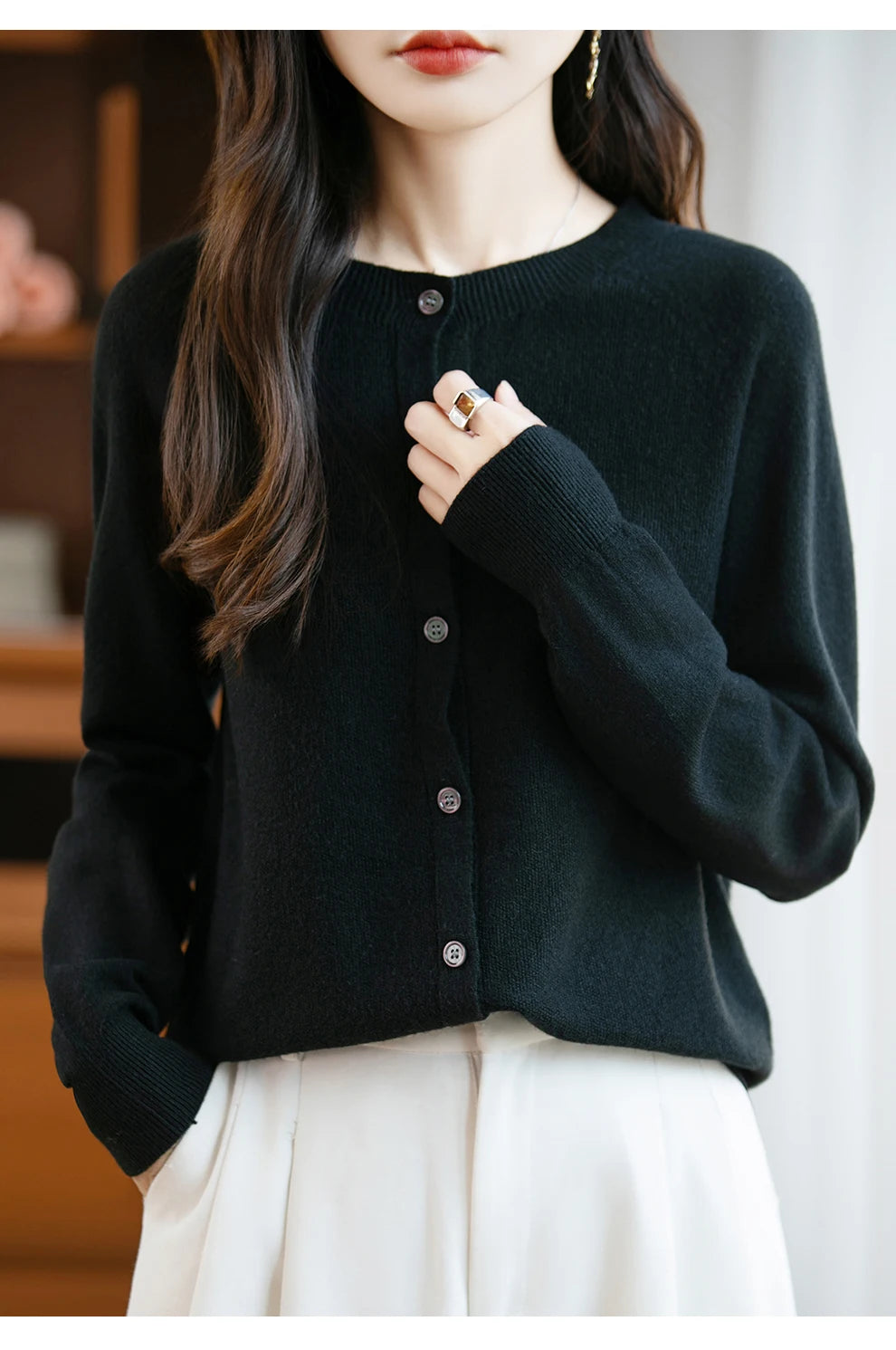 Classic Merino Wool Women’s Sweater — Autumn Winter Knitted Cardigan for Elegant Ladies