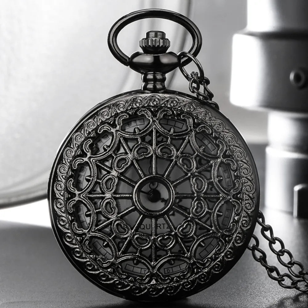 Hollow Black Spider Web Pattern Quartz Pocket Watch Elegant Gift for Men