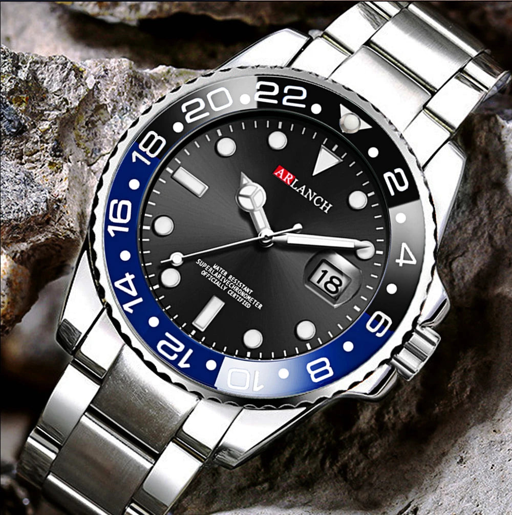 Stainless Steel Business Watch 40mm – Red & Blue Circle Dial- Men’s Diver