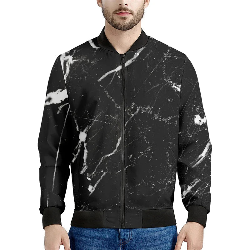 Black Marble Cracks 3D Printed Bomber Jacket – Long Sleeve Mens Casual Coat