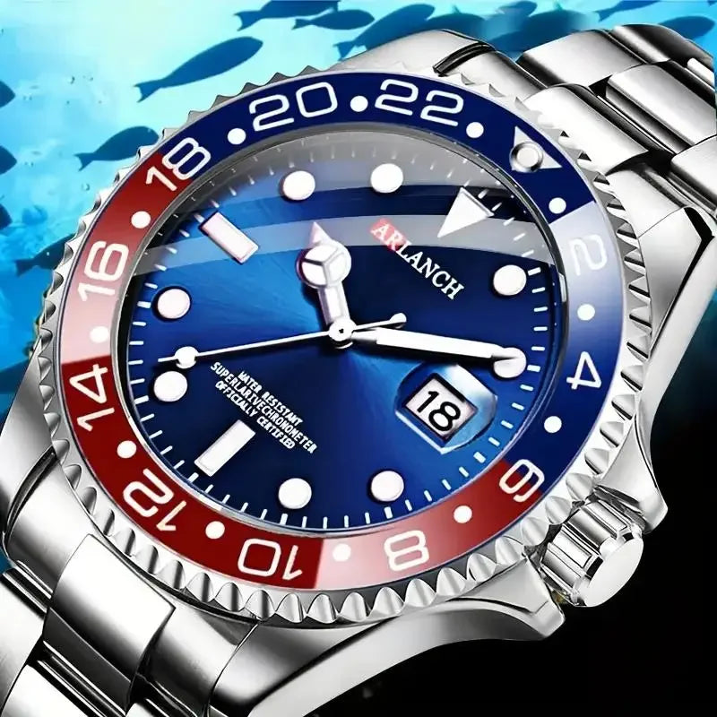 Stainless Steel Business Watch 40mm – Red & Blue Circle Dial- Men’s Diver