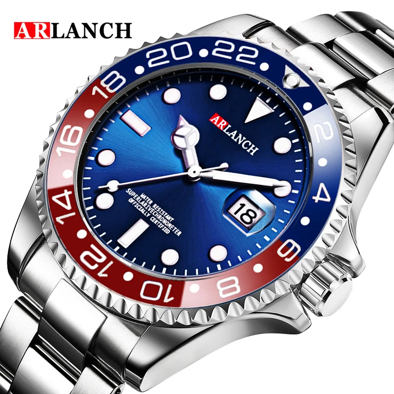 Stainless Steel Business Watch 40mm – Red & Blue Circle Dial- Men’s Diver