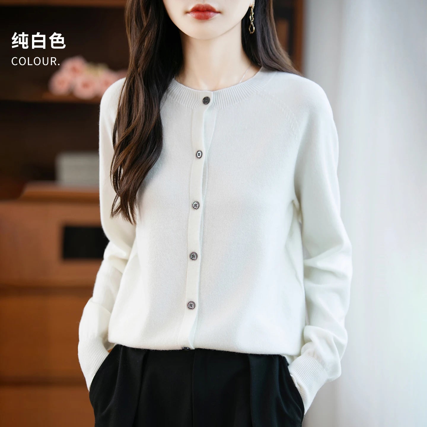 Classic Merino Wool Women’s Sweater — Autumn Winter Knitted Cardigan for Elegant Ladies