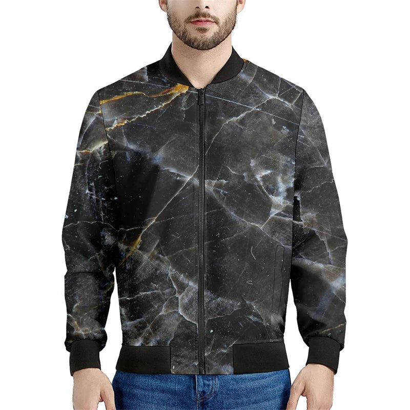 Black Marble Cracks 3D Printed Bomber Jacket – Long Sleeve Mens Casual Coat