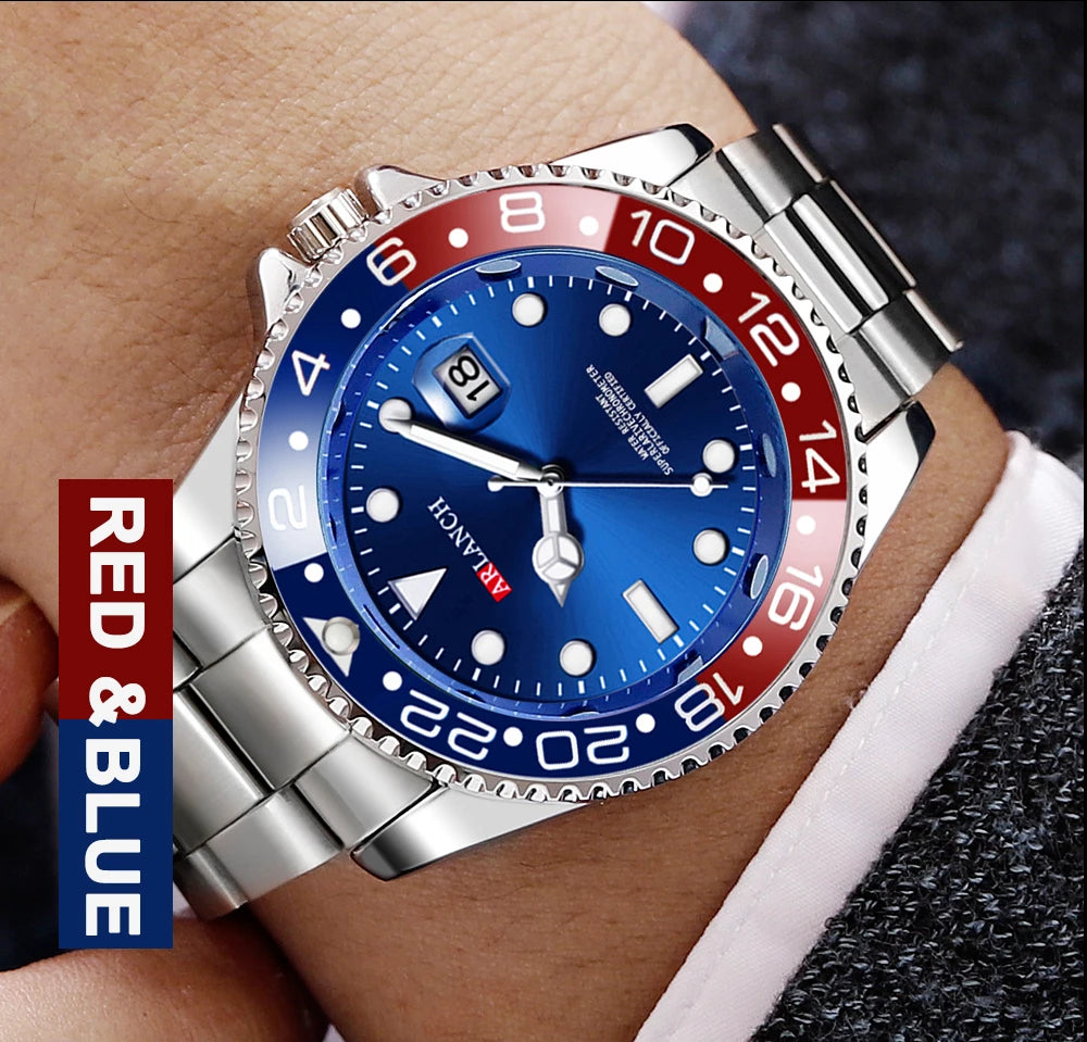 Stainless Steel Business Watch 40mm – Red & Blue Circle Dial- Men’s Diver