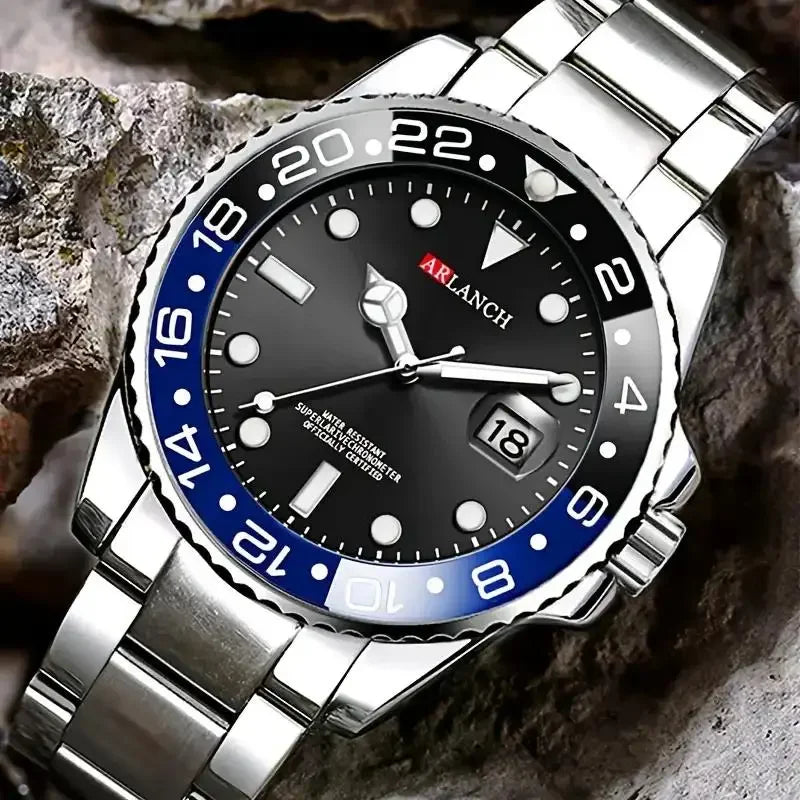 Stainless Steel Business Watch 40mm – Red & Blue Circle Dial- Men’s Diver