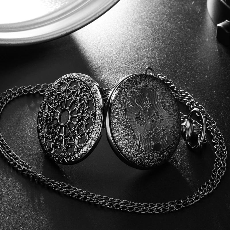 Hollow Black Spider Web Pattern Quartz Pocket Watch Elegant Gift for Men
