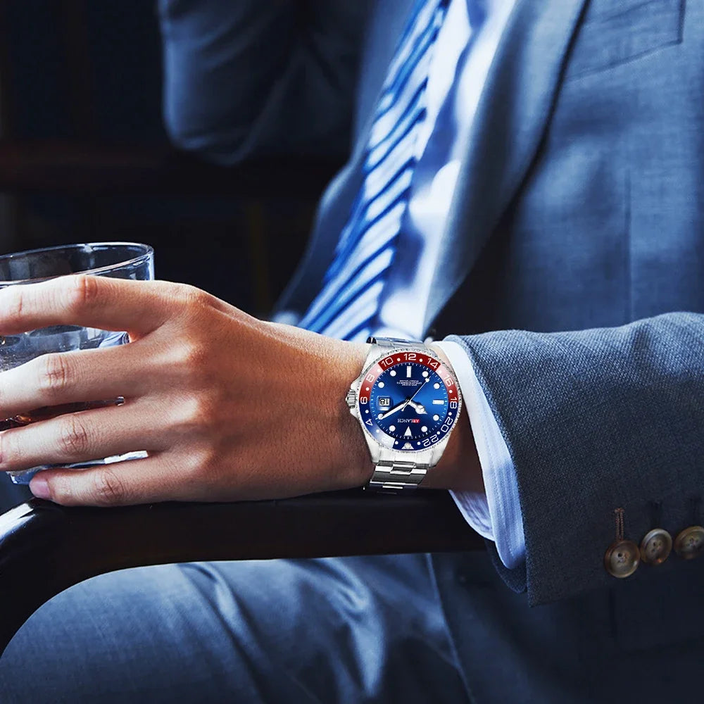 Stainless Steel Business Watch 40mm – Red & Blue Circle Dial- Men’s Diver