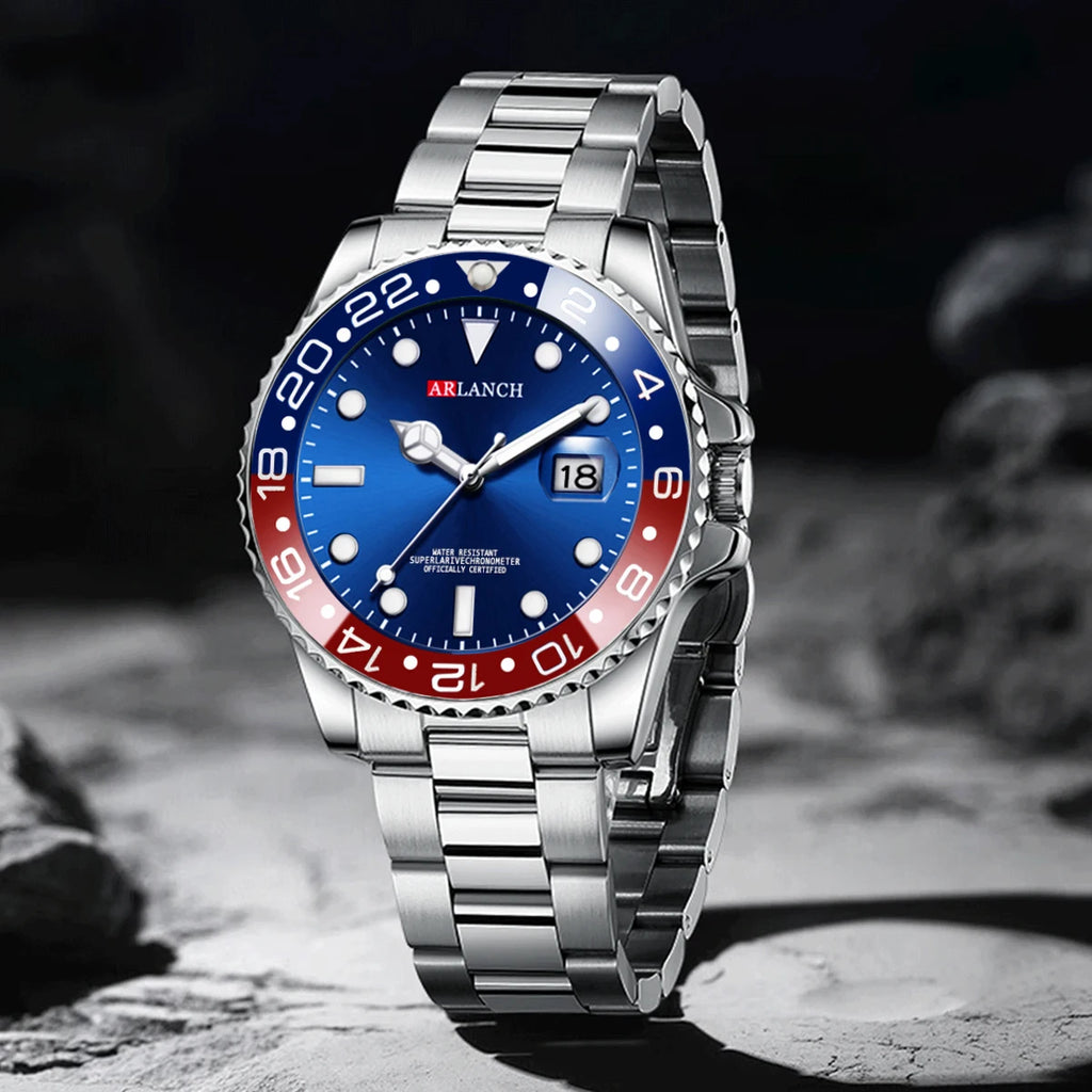 Stainless Steel Business Watch 40mm – Red & Blue Circle Dial- Men’s Diver